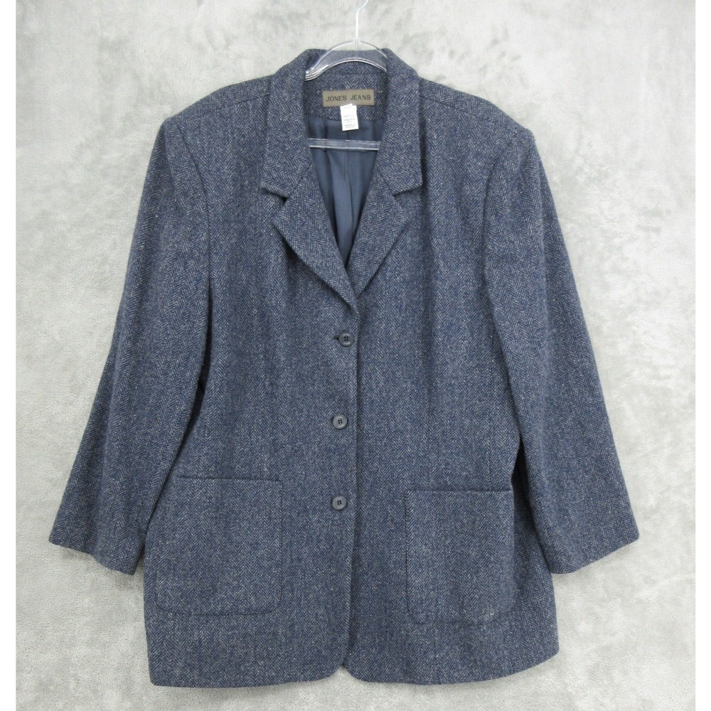 Vintage Jones Jeans Blazer Womens 24W Herringbone Tweed Wool USA Office Navy